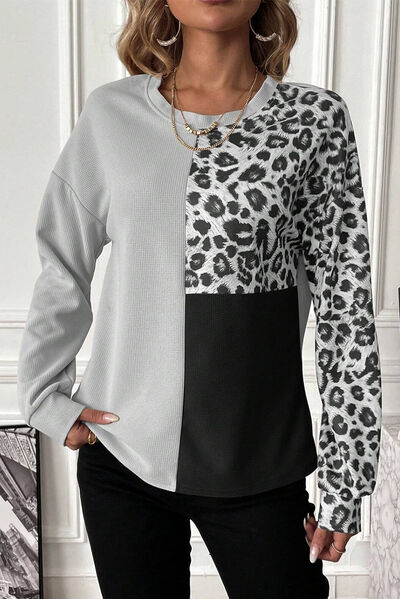 Leopard Color Block Round Neck T-Shirt  Shop One Place