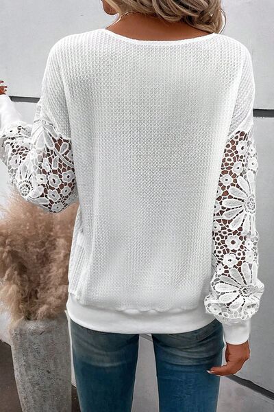 Plus Size Waffle-Knit Crochet V-Neck Blouse  Shop One Place