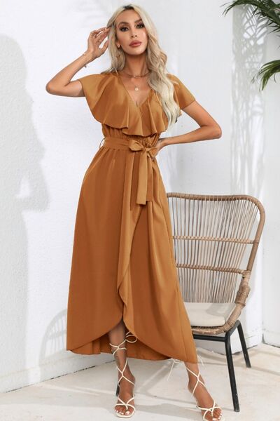 Ruffled Tied V-Neck Midi Dress