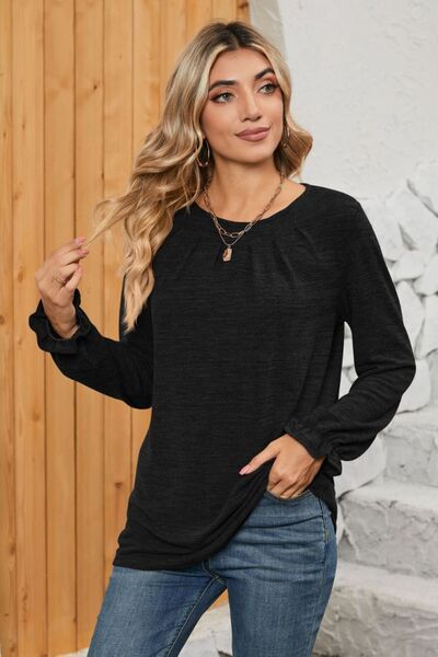 Ruched Round Neck Flounce Sleeve T-Shirt