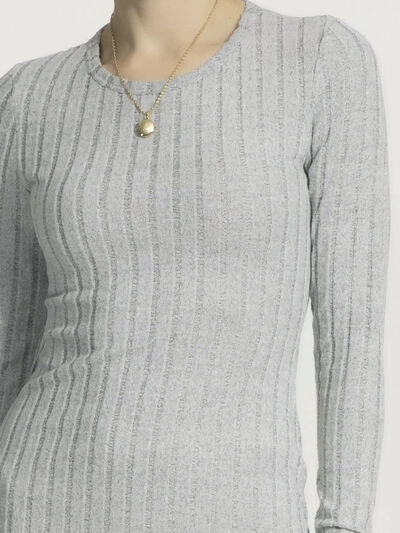 Ribbed Round Neck Long Sleeve Slim Dress