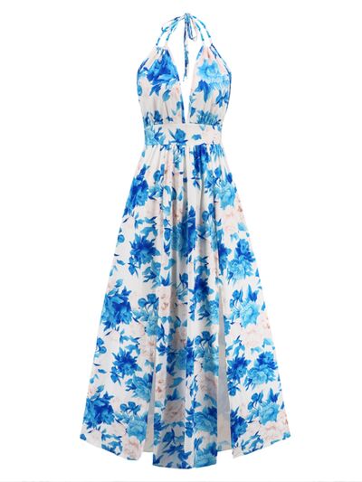 Slit Backless Printed Halter Neck Dress