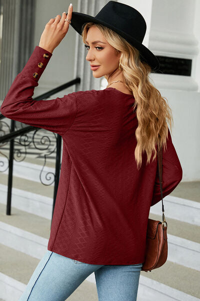 Decorative button V-Neck Lantern Sleeve T-Shirt