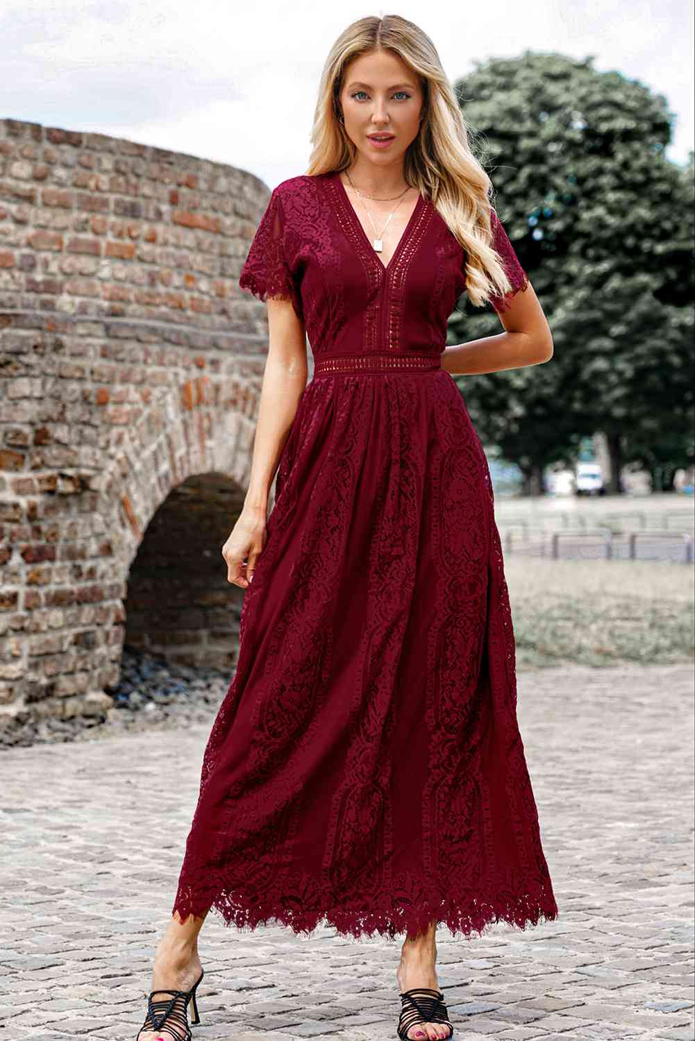 Scalloped Trim Lace Plunge Dress  Shop One Place