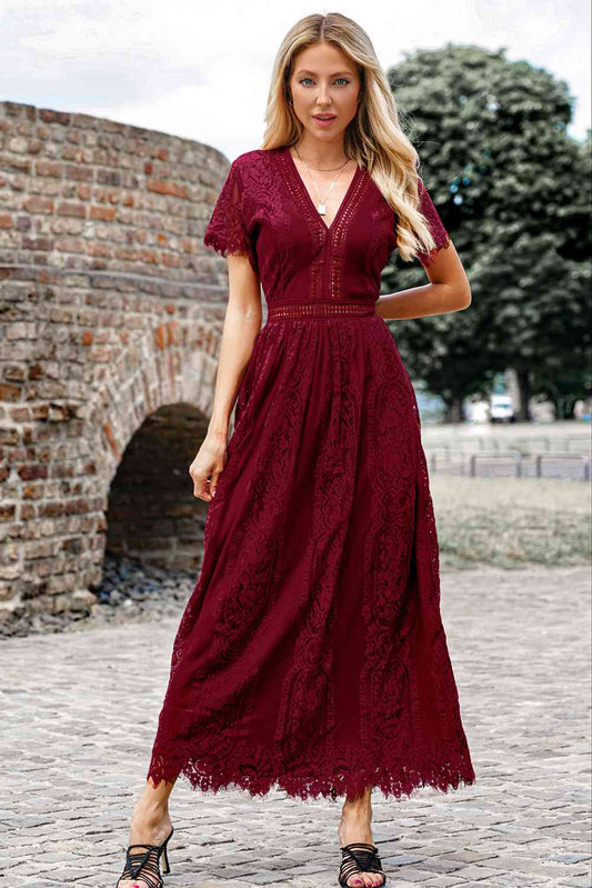 Scalloped Trim Lace Plunge Dress  Shop One Place