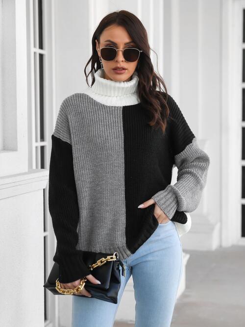 Contrast Turtleneck Long Sleeve Sweater  Shop One Place