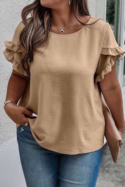 Plus Size Ruffled Petal Sleeve Round Neck T-Shirt  Shop One Place