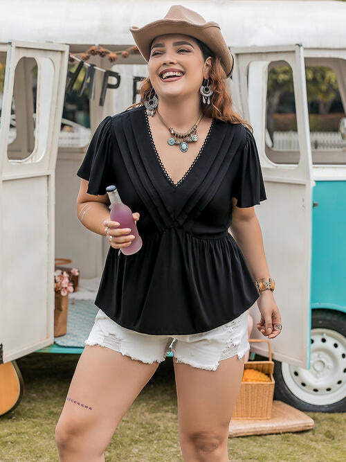 Plus Size V-Neck Flutter Sleeve Blouse  Shop One Place