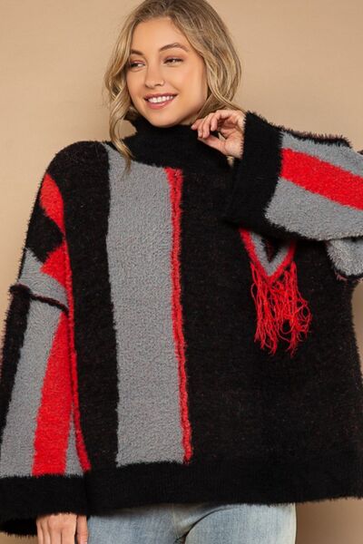 POL Turtleneck Color Block Fringe Detail Sweater  Shop One Place