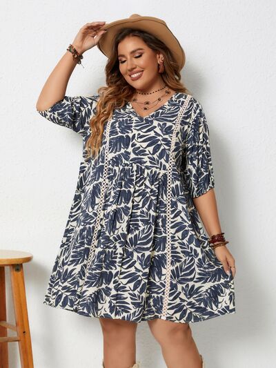 Plus Size Printed V-Neck Half Sleeve Mini Dress  Shop One Place