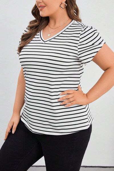 Plus Size Striped V-Neck Short Sleeve T-Shirt