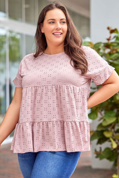 Plus Size Eyelet Round Neck Short Sleeve Blouse  Shop One Place