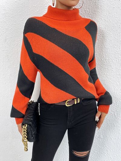 Striped Turtleneck Dropped Shoulder Sweater  Shop One Place