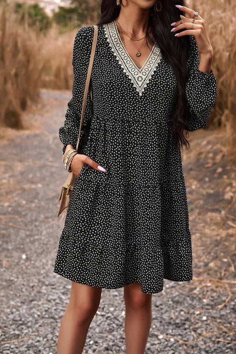 Lace Trim V-Neck Long Sleeve Dress