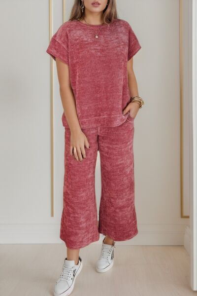 Round Neck Short Sleeve Top and Pants Set  Shop One Place