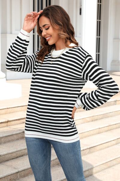 Striped Round Neck Dropped Shoulder Sweater  Shop One Place