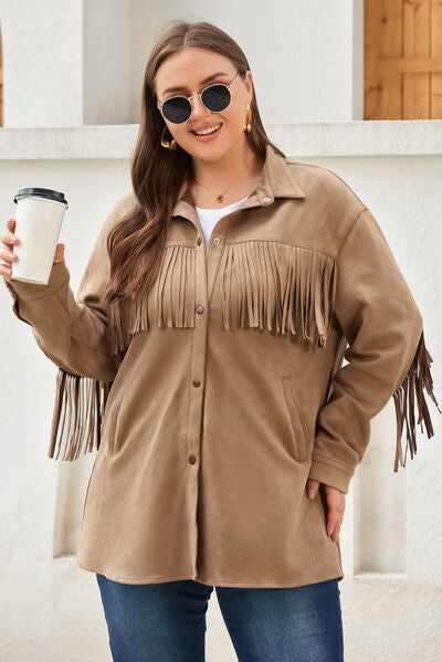 Plus Size Fringe Trim Snap Down Long Sleeve Shacket  Shop One Place