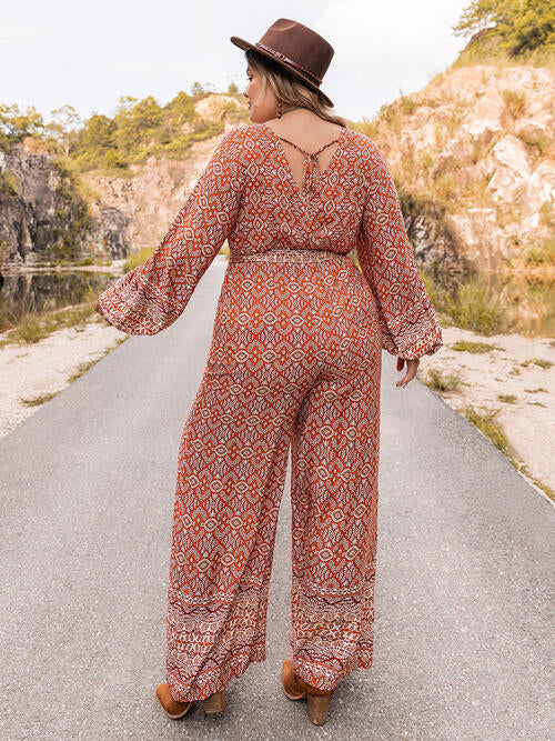 Plus Size Printed V-Neck Tie Front Balloon Sleeve Jumpsuit  Shop One Place