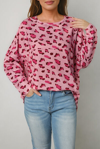 Leopard Round Neck Dropped Shoulder Blouse  Shop One Place