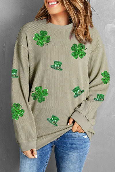 Lucky Clover Sequin Round Neck Sweatshirt  Shop One Place