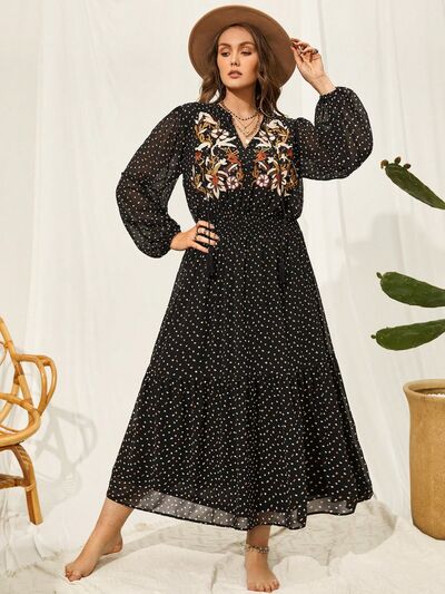Plus Size Embroidered Tassel Balloon Sleeve Dress  Shop One Place
