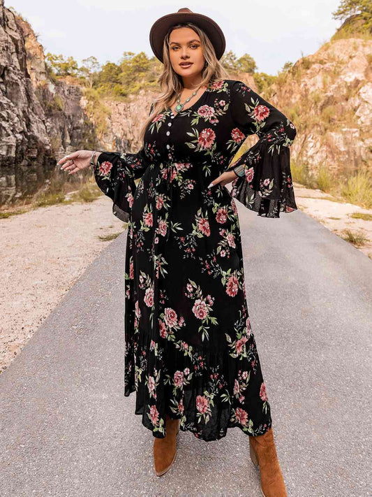 Plus Size Floral Flare Sleeve Dress  Shop One Place