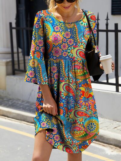 Printed Round Neck Three-Quarter Sleeve Dress