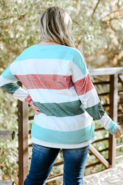 Plus Size Striped Slit Long Sleeve T-Shirt  Shop One Place