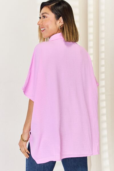 Zenana Texture Button Up Short Sleeve High-Low Shirt  Shop One Place
