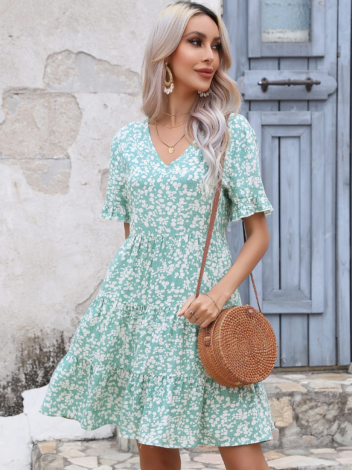 Floral V-Neck Short Sleeve Tiered Dress