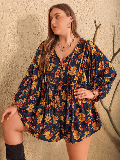 Plus Size Floral Tie Neck Balloon Sleeve Romper  Shop One Place