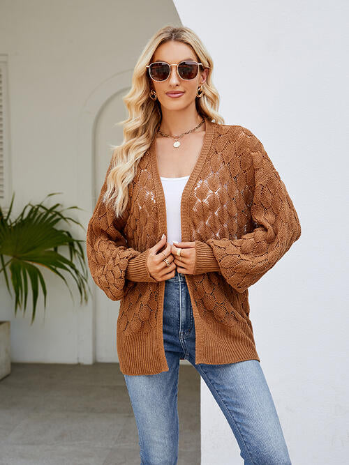Openwork Open Front Lantern Sleeve Cardigan  Shop One Place