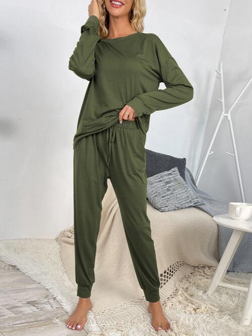 Round Neck Top and Drawstring Pants Lounge Set