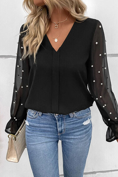 Pearl Detail V-Neck Flounce Sleeve Blouse