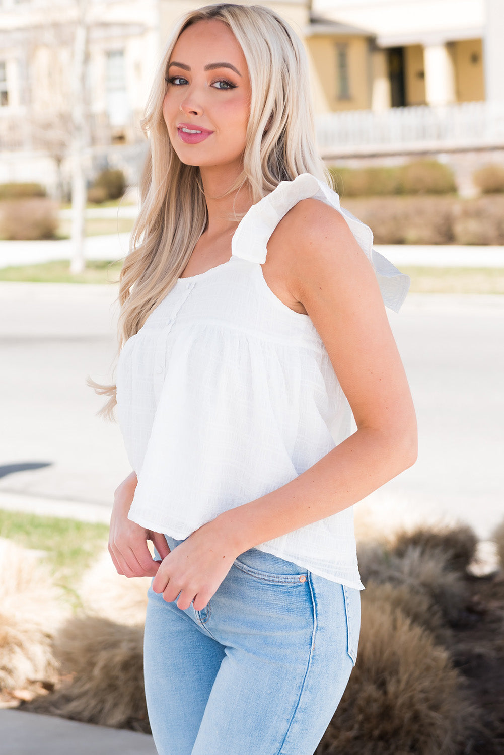 Ruffled Square Neck Wide Strap Tank