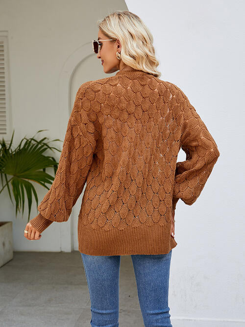 Openwork Open Front Lantern Sleeve Cardigan  Shop One Place
