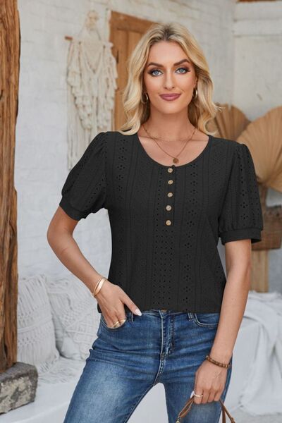 Eyelet Round Neck Short Sleeve Blouse