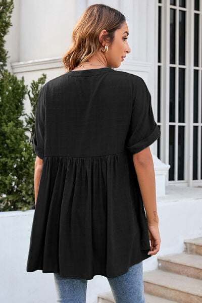 Ruched Notched Short Sleeve Blouse  Shop One Place