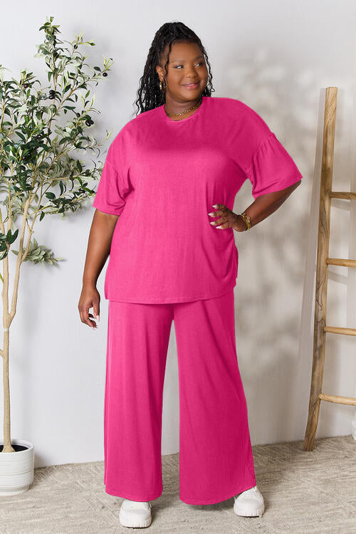 Double Take Full Size Round Neck Slit Top and Pants Set  Shop One Place