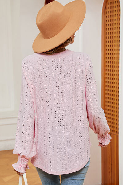 Eyelet Notched Long Sleeve T-Shirt