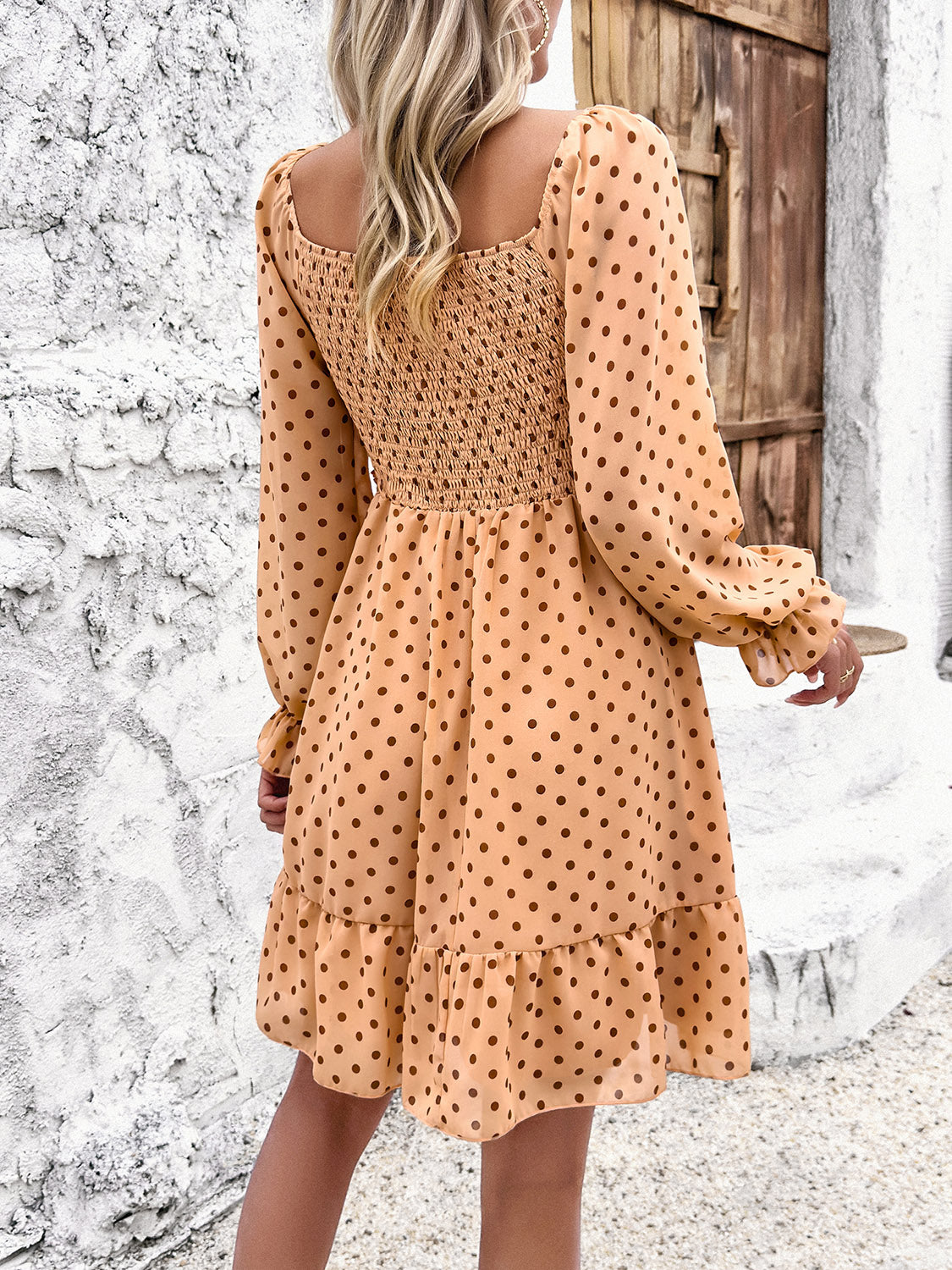 Smocked Polka Dot Long Sleeve Dress