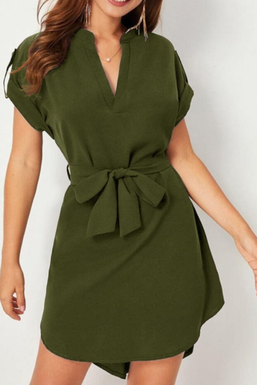 D&Y Tied Notched Short Sleeve Dress