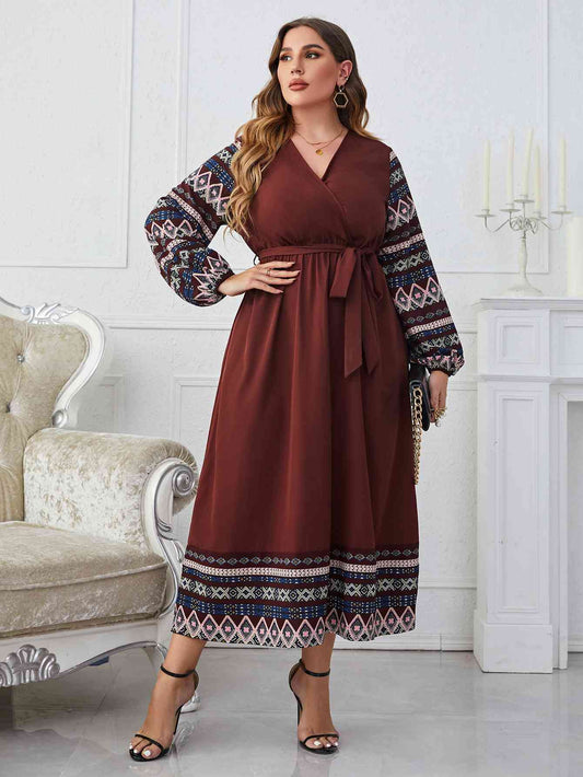 Melo Apparel Plus Size Surplice Neck Tie Belt Balloon Sleeve Dress