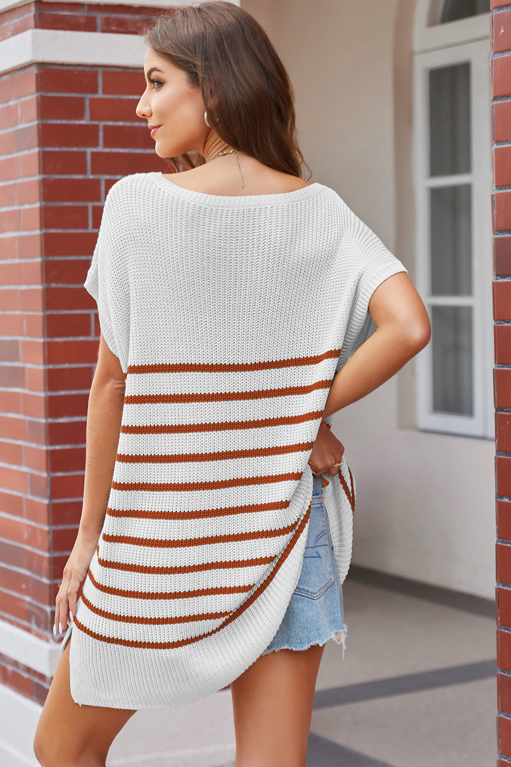 Striped V-Neck Short Sleeve Knit Top