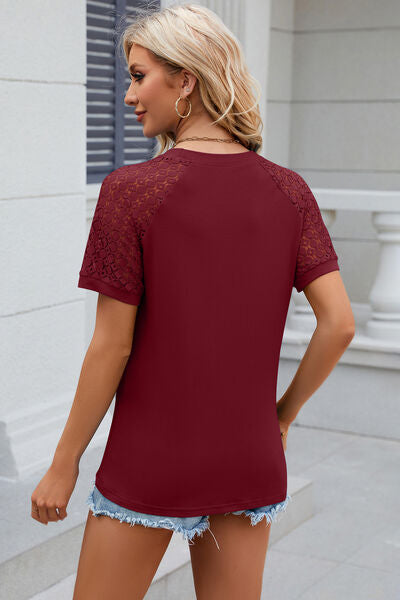 Openwork Round Neck Short Sleeve T-Shirt