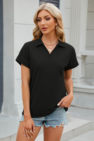 Johnny Collar Short Sleeve Blouse  Shop One Place