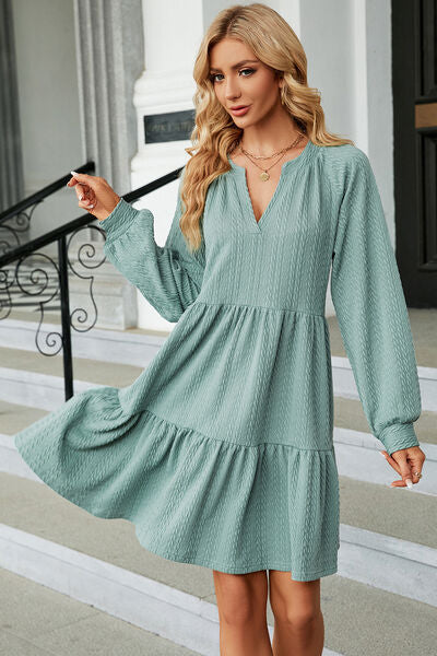 Ruched Notched Long Sleeve Mini Dress