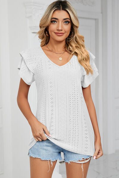 Eyelet V-Neck Short Sleeve T-Shirt  Shop One Place