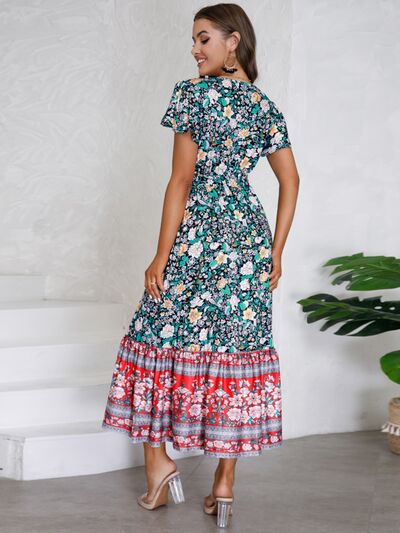 Tied Printed V-Neck Short Sleeve Dress