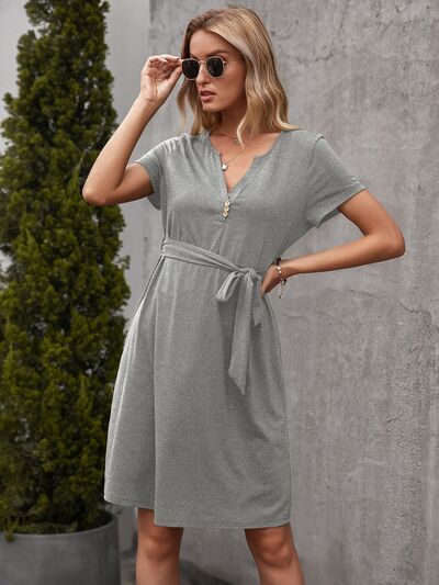 Y&BL Tied Notched Short Sleeve Dress